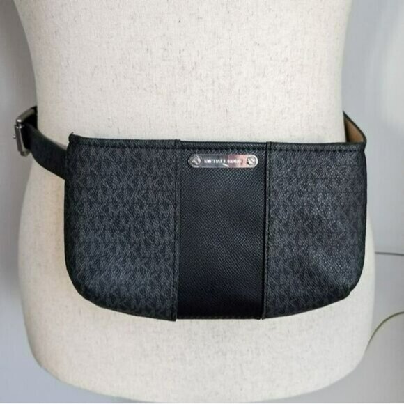 Michael Kors, New, MK Gray Black Logo Pebbled Leather Belt Bag, Small, Medium - Picture 2 of 12